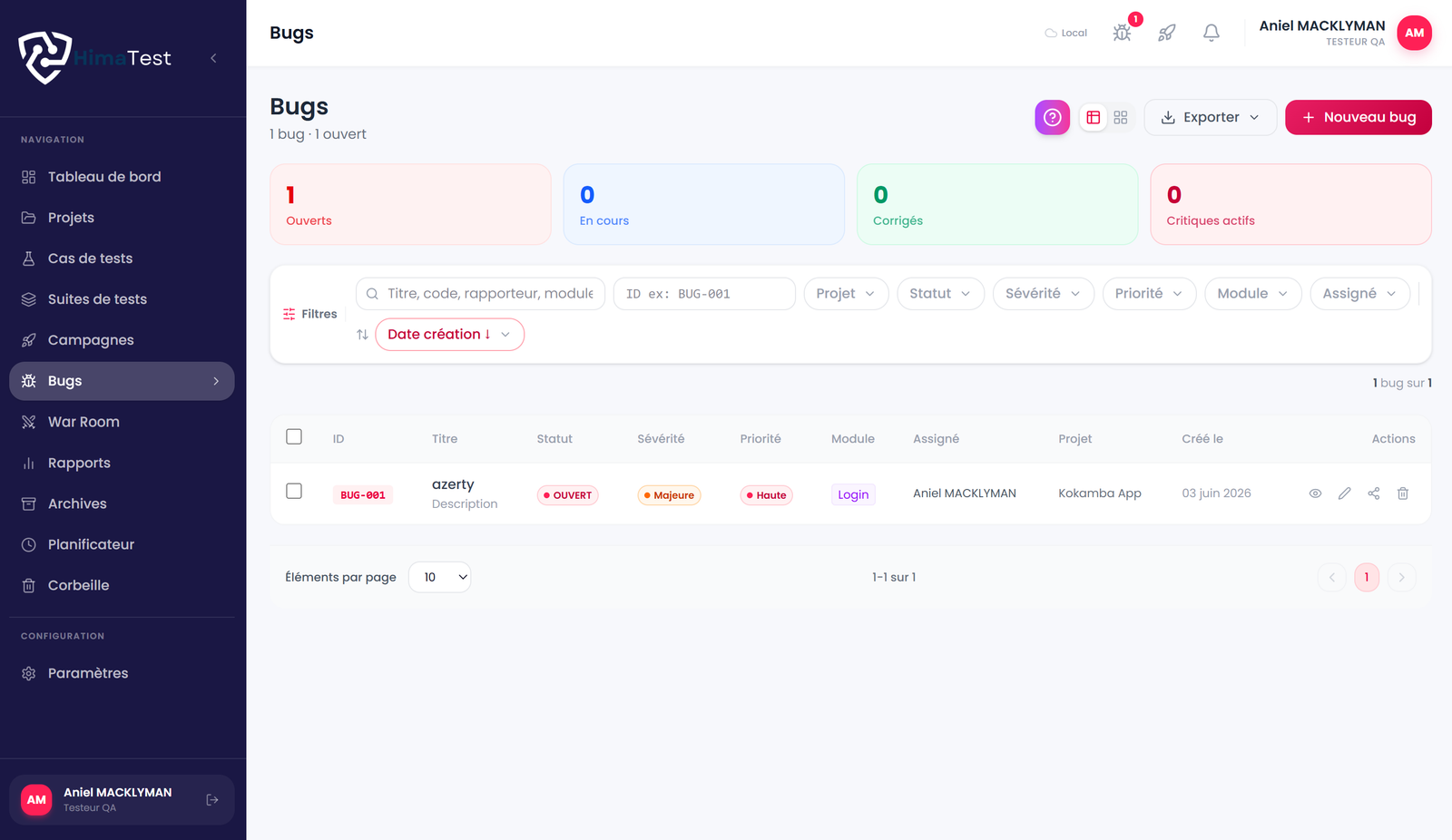 Bug tracker HimaTest