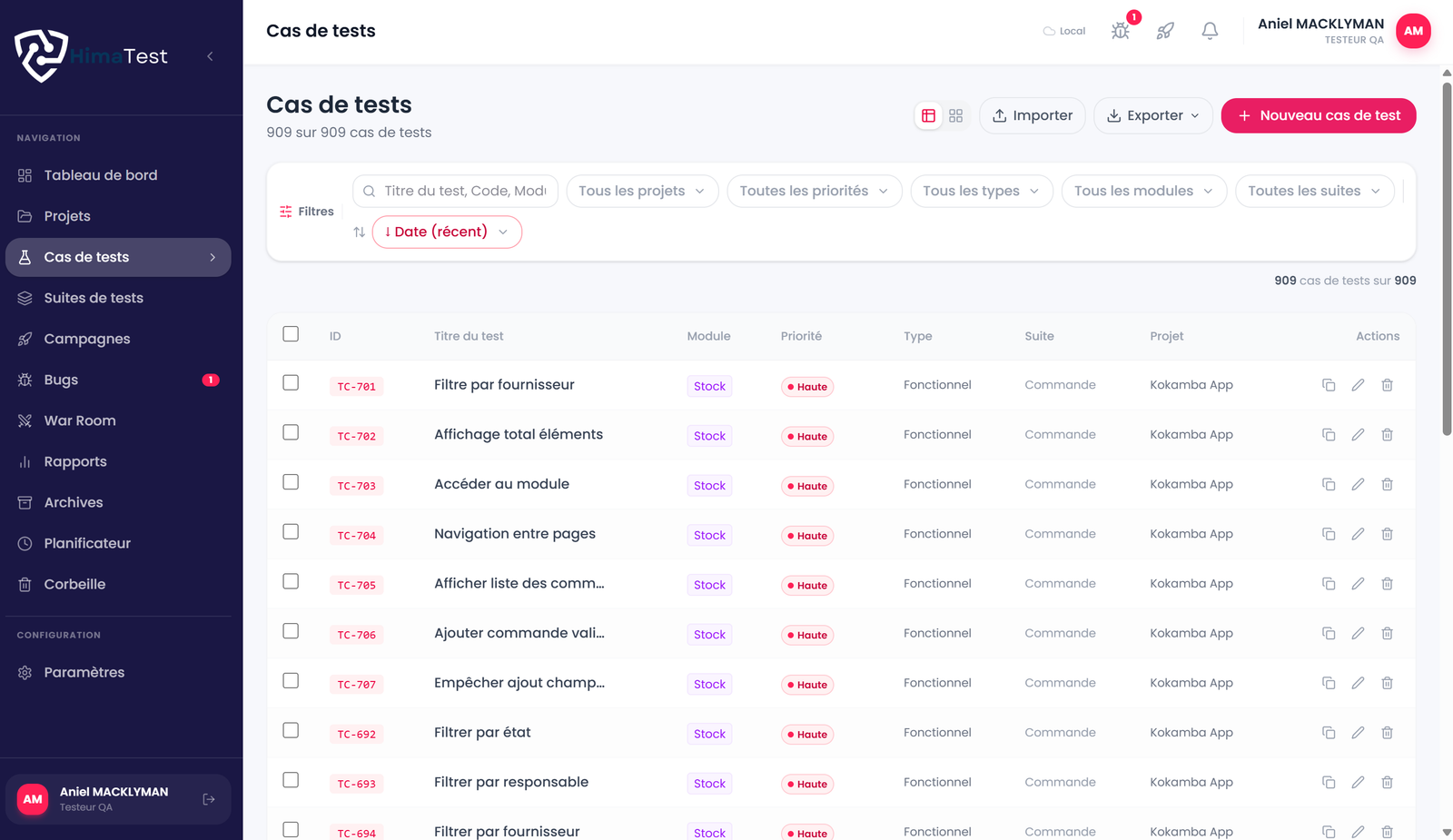 Interface des cas de tests HimaTest